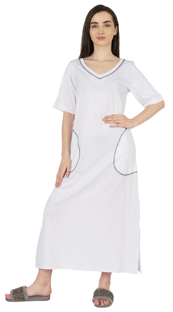 Inkmeso Solid Long Nightgown For Womens V-Neck Loungewear Casual Sleep Dress With