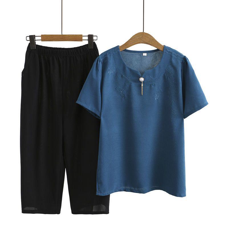 Stylish Spring Two-Piece Set for Middle-Aged Women - Loose Short-Sleeved Top & Bottom