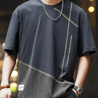 American Style Design Splicing Short Sleeved T-shirt for Men's Summer New Style Loose Casual Trend Round Neck T-shirt for Men