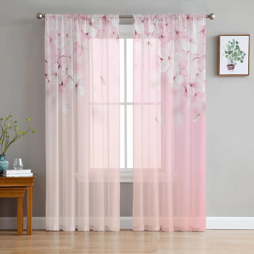 Spring Flower Peach Blossom Pink Cherry Blossoms Sheer Curtains Living Room Decoration Window Curtain Kitchen Tulle Voile Drapes