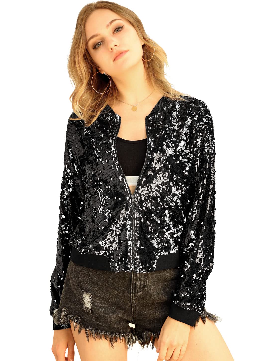 

Allegra K Women s Christmas Stadium Jacket, Sequined, Shiny, Long Sleeve, Zipper Detail, Short Length, Black, Size L