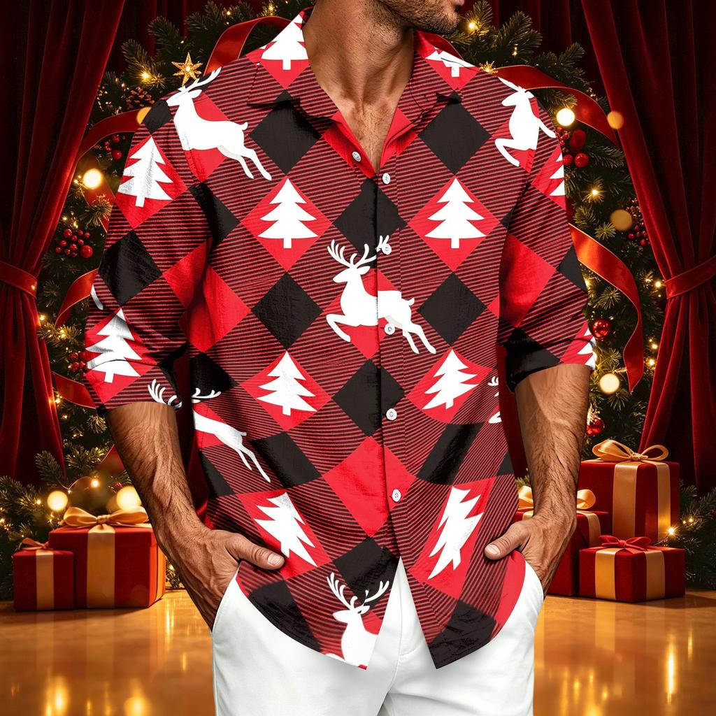 Men's Casual Long Sleeve Christmas Print Shirt for Spring and Fall