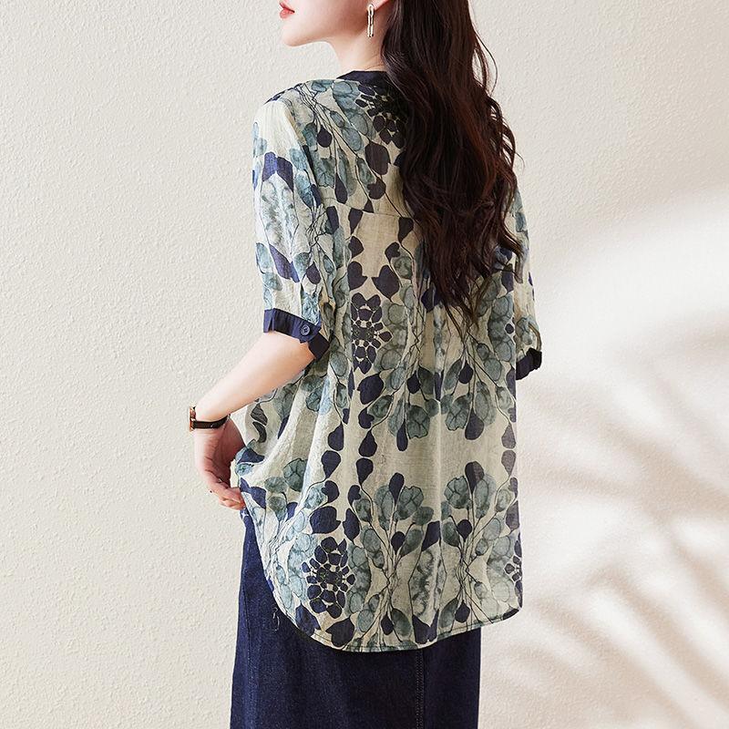 Sommer Neu V-Ausschnitt Mode Kurzarm Bluse Damen High Street Lässig Locker Pullover Vintage Druck Alleskönner Baumwoll-Tops