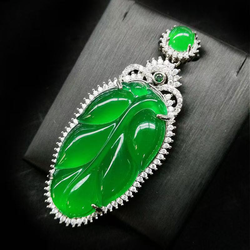 Кулон Лист Инкрустированный Зеленый Лист Сердцевины Винтажный Императорский Зеленый Камень Ожерелье 50CM