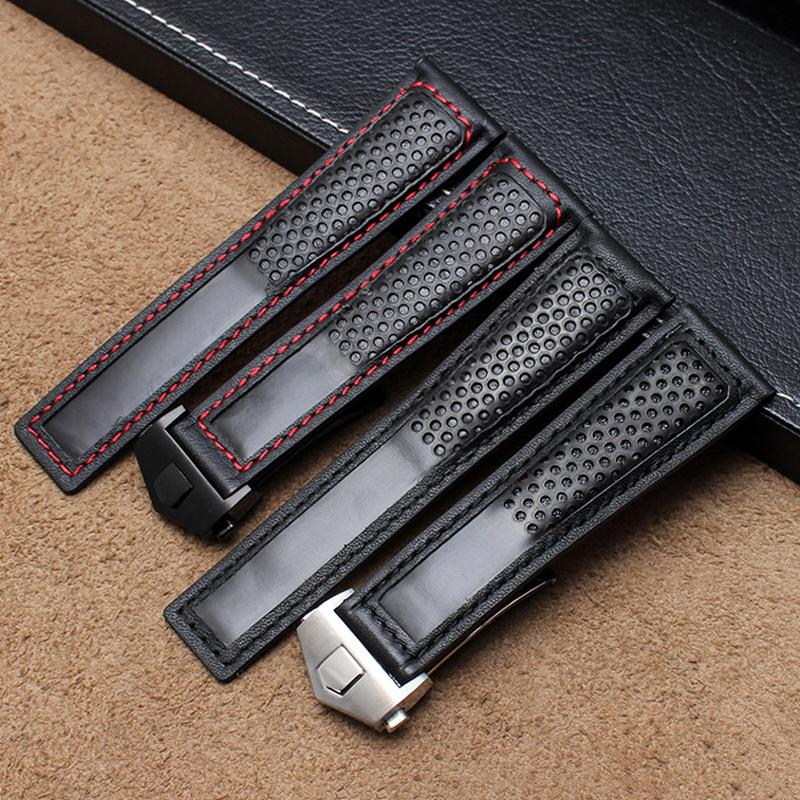 Cowhide Watch Strap 22mm Wristband For Tag Heuer Carrera Diving Monaco F1 Fiyta Tissot Watch Band Red Stitches Leather Bracelet