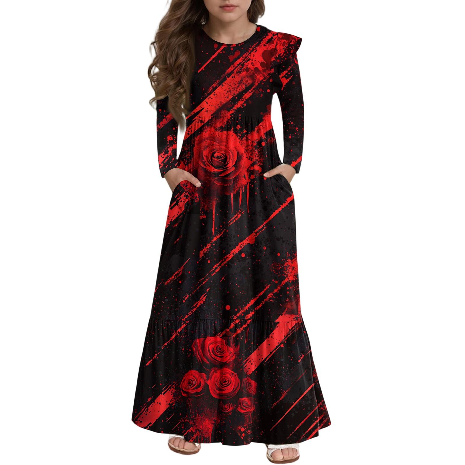 

Girls Tiered Ruffle Dress Halloween Day - Long Sleeve Printed Maxi With Pockets 110 чорний