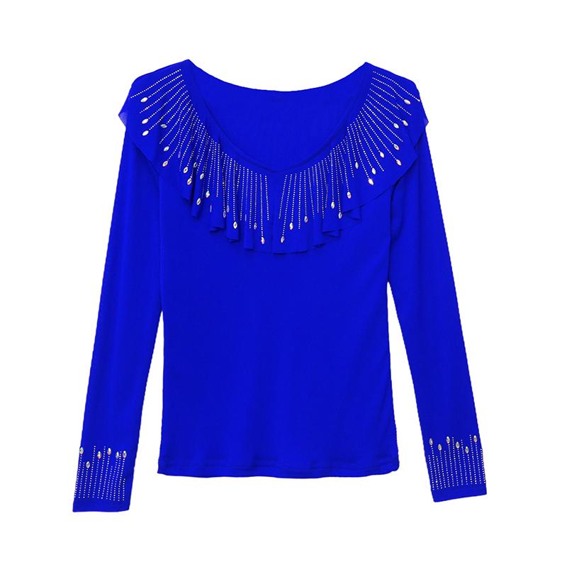Spring Autumn Women's Ruffles Hotfix Rhinestone T-Shirt Elegant Full Sleeve Tees Slim Ladies Tops