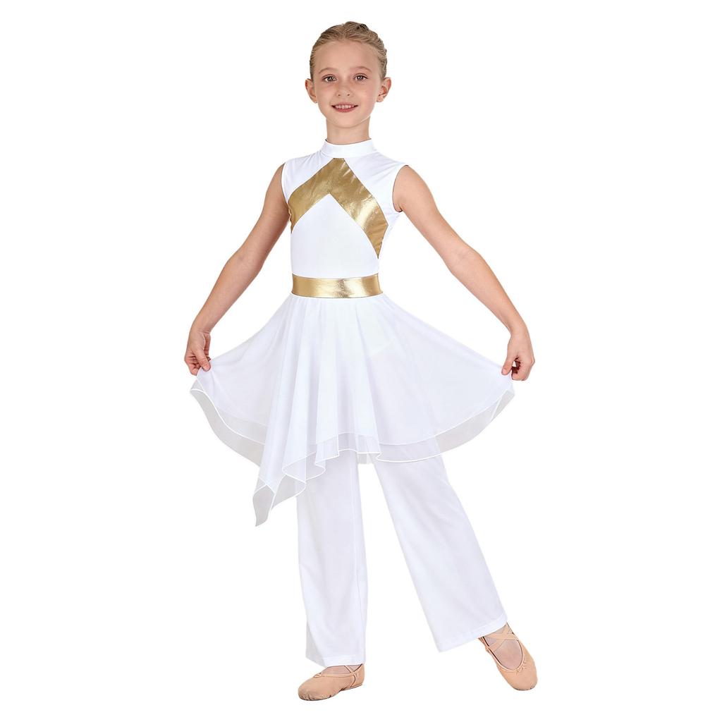 Praise Dance Costume for Kids Girls: Asymmetrical Sleeveless Metallic Dress & Comfortable Wide-Leg Pants with Elastic Waist
