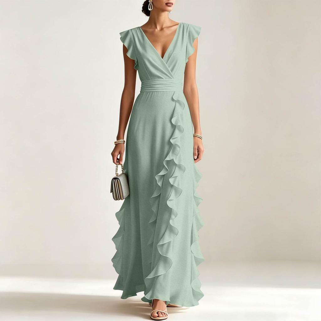 Women V Neck Short Sleeve Ruffle Hem Ruched Maxi Dress with Waist for Formal and Evening Occasions