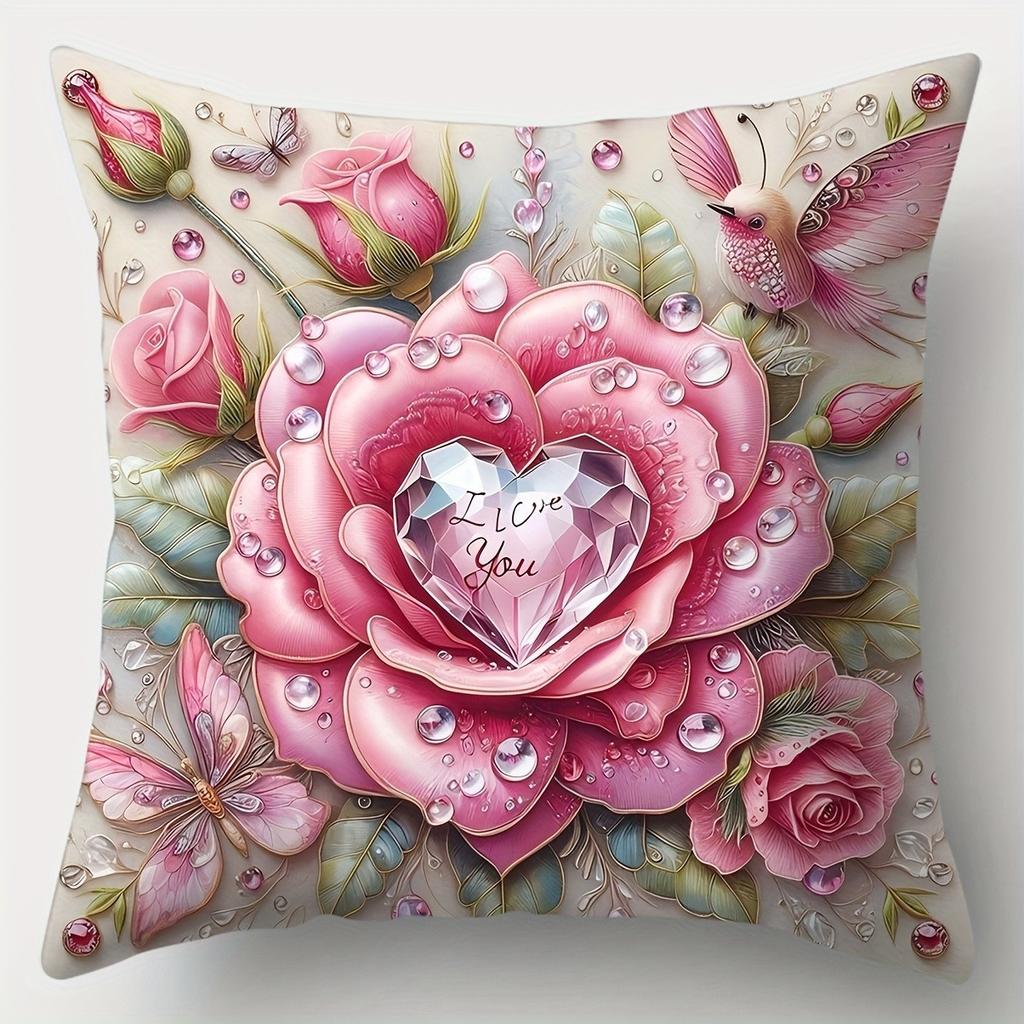 Love Heart Pink Rose Pattern Home Decor Pillowcase Living Room Sofa Polyester Cushion Cover with Zipper