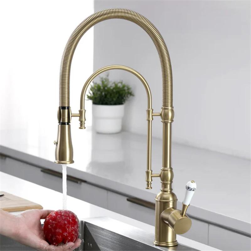Brushed Gold Pull Out Kitchen Faucet Gold Kitchen Sink Mixer Tap Total Brass Kitchen Faucet Vanity Water Tap Faucet Sink Faucet