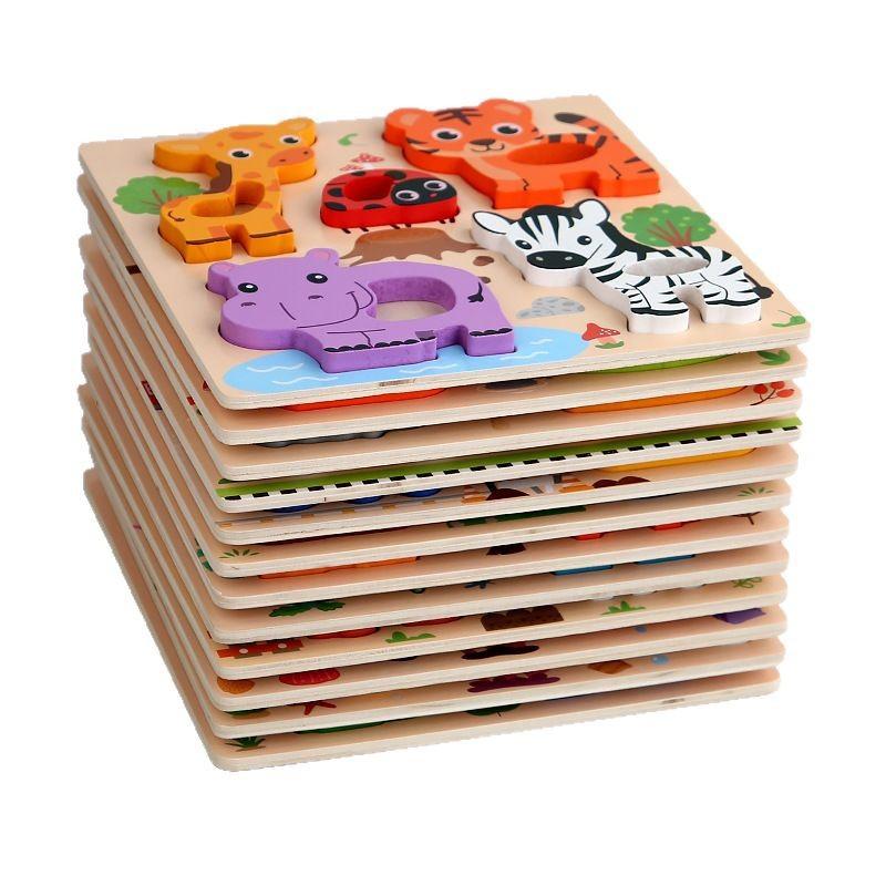 Montessori 3D Holzpuzzle Cartoon-Tiere Muster Puzzle Brettspiel Kinder Lernen Lernspielzeug Geschenke Ideal für Kinder
