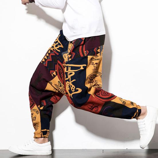 Harem Pants Large Crotch Ankle Tied Fashion Print Elastic Waist Loose Streetwear Plus Size Baggy Pants for Daily Wear