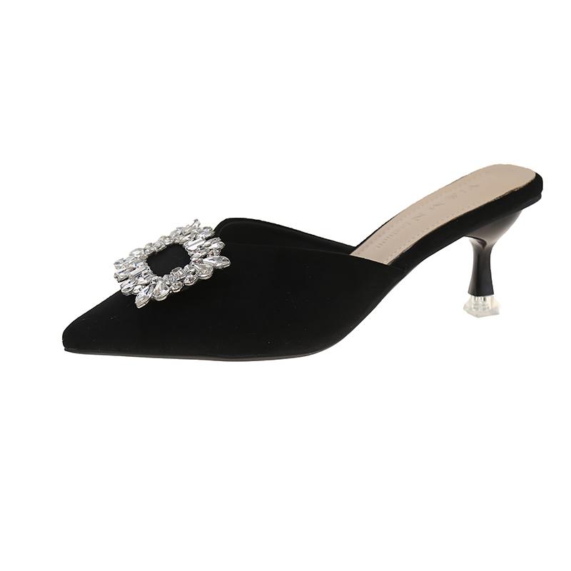 Fashion Shoes Female 2025 Summer New Women’s Closed Toe Slippers Fashion Crystal Square Button Slippers Thin Heels for Daily & Dress