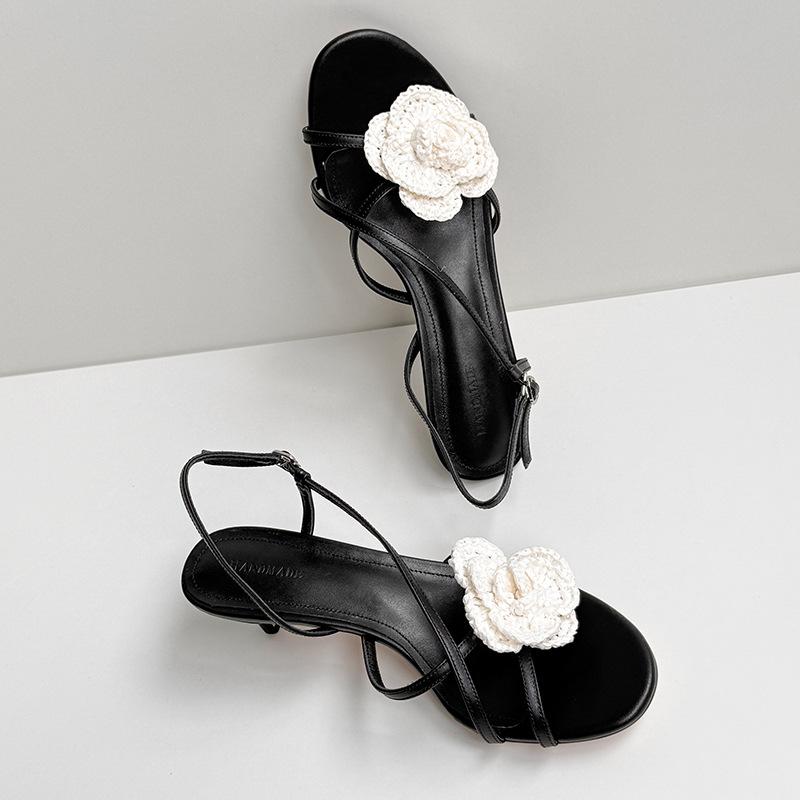 2025 European and American new fashion woven flower one-word buckle sandals women's thin heels sexy high-heeled sandals