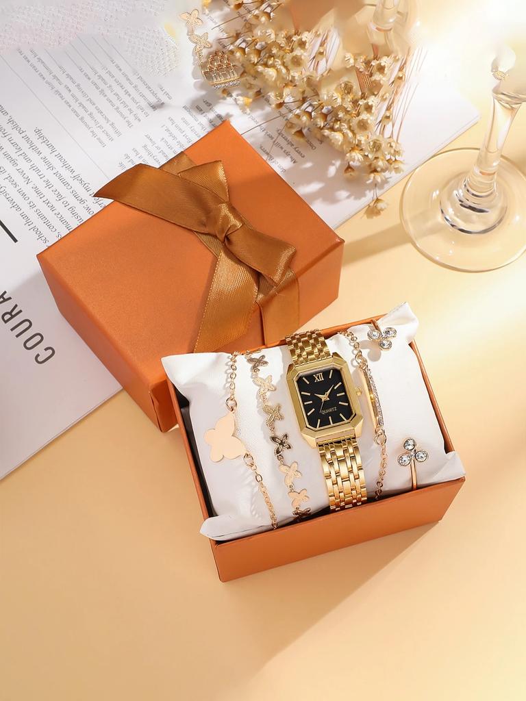 Fashion Light Luxury Alloy Material Women's Quartz Watch Bracelet Set of 5, Suitable for Thanksgiving Christmas Gifts