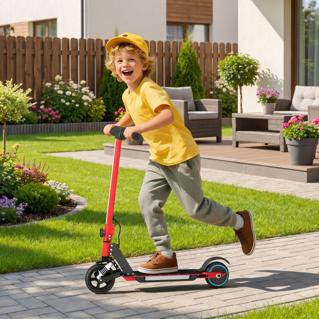 Folding Electric Scooter for Kids, with Dual Brakes, Front Suspension, LED Colourful Lights, Red