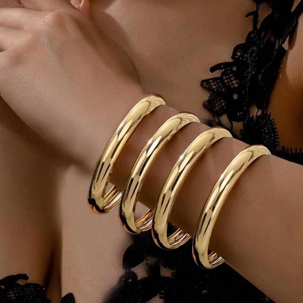 4 Metal Simple Plain Ring Narrow Gloss Bracelet Gold Fashion Bracelet Women'S Stacking Wear Niche Personalized Bracelet Set