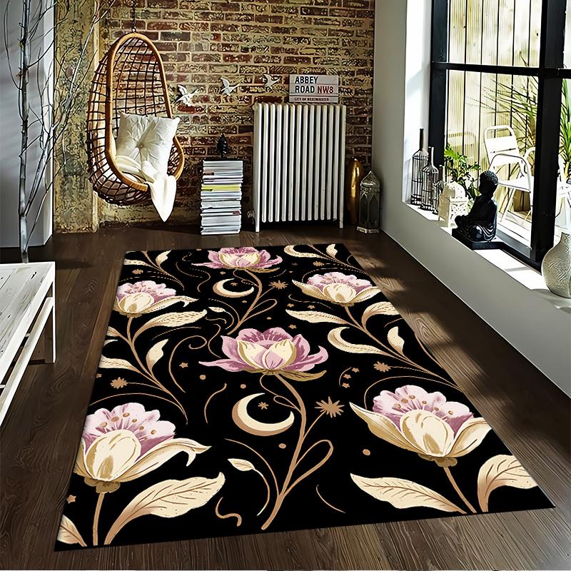 Floral Carpet with Pink Flowers, Moon, Star Pattern, Black Background Suitable for Use As an Anti-slip for Living Room Bedroom Sofas