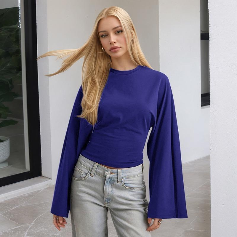 Women's Flare Sleeve Ruched Crop Top Crew Neck Casual Long Sleeve T-Shirt