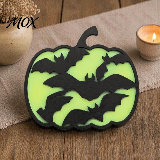Indoor Halloween Atmosphere Lighting Glow-in-The-Dark Pumpkin, Spooky Wooden Pumpkin Ornament, Black Cats Luminous Ornament Bats Ghosts Silhouette