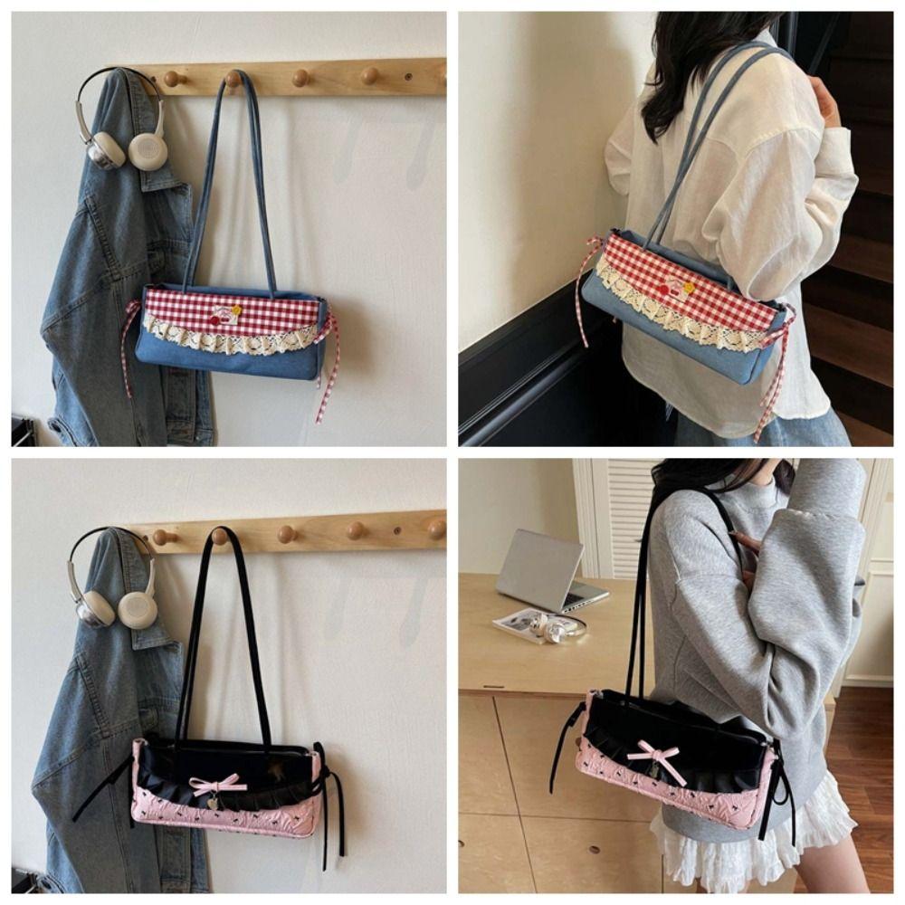 Black French Stick Handbag Denim Blue Cloth Underarm Bags Shopping Plaid Bow Shoulder Bag Travel