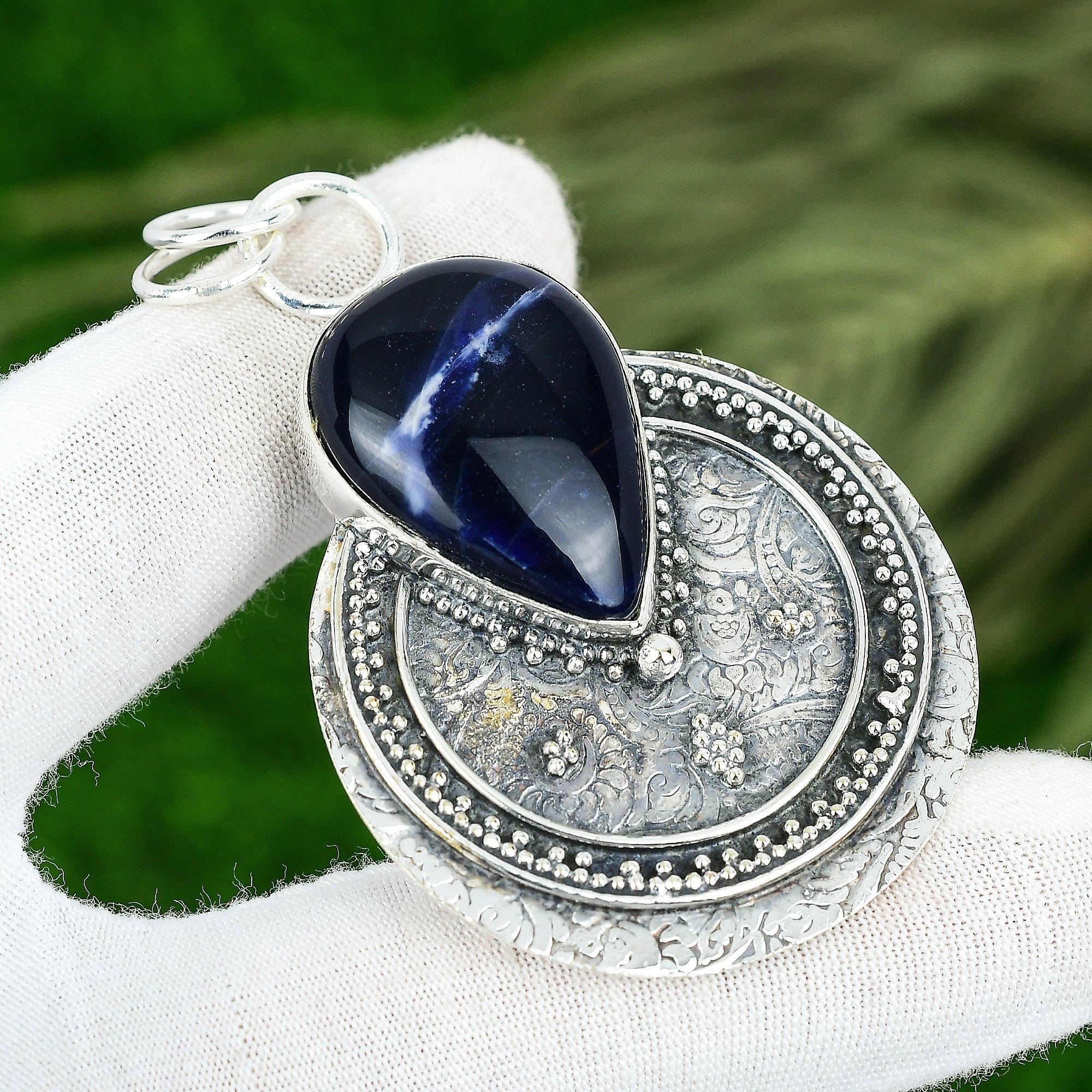 

Natural Sodalite Bezel Wife Third Eye Chakra Boho Pendant 925 Sterling Silver