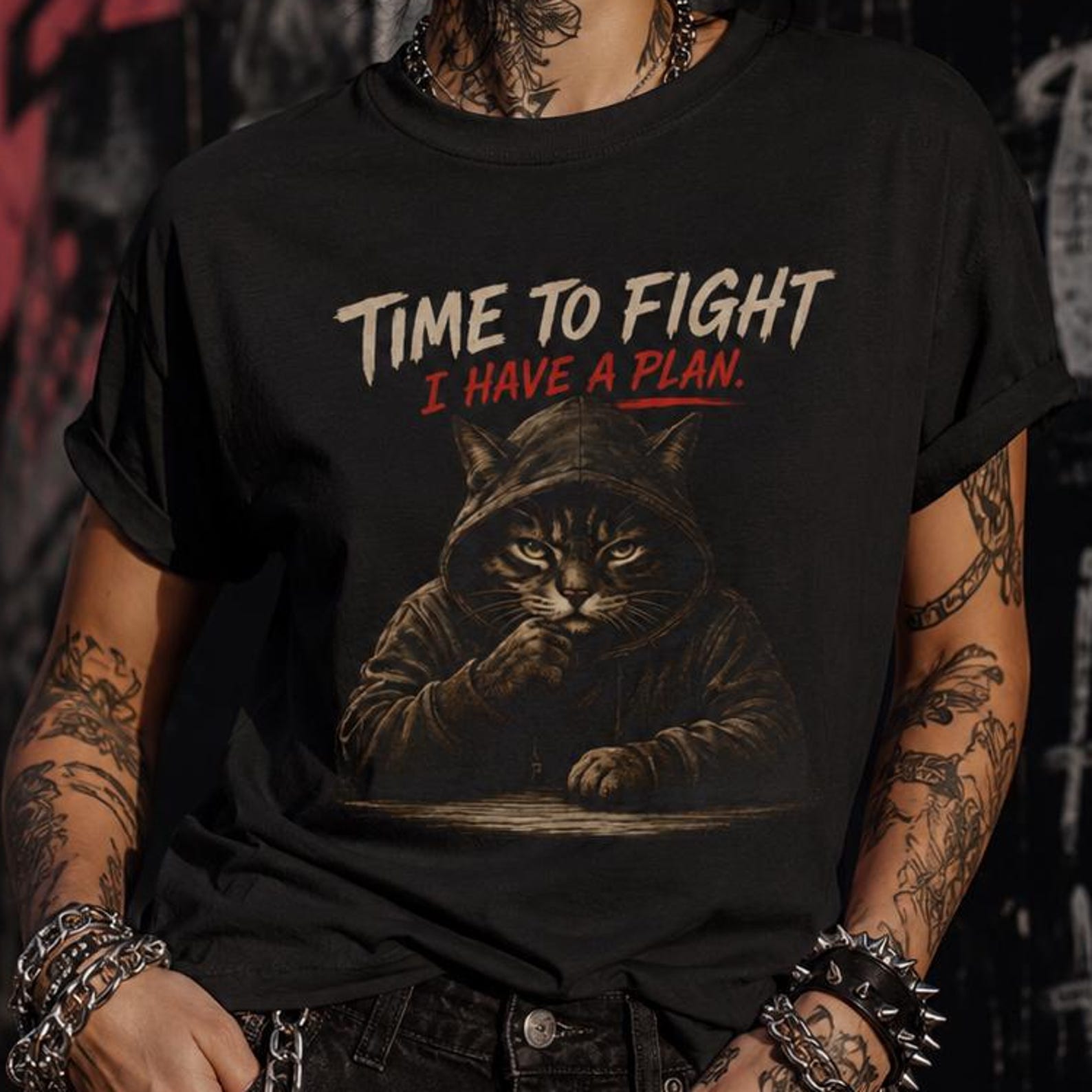 Time To Fight Cat Shirt, I Have A Plan Tee, Funny Hooded Cat T-Shirt, Dark Humor Cat Meme, Streetwear Graphic XL