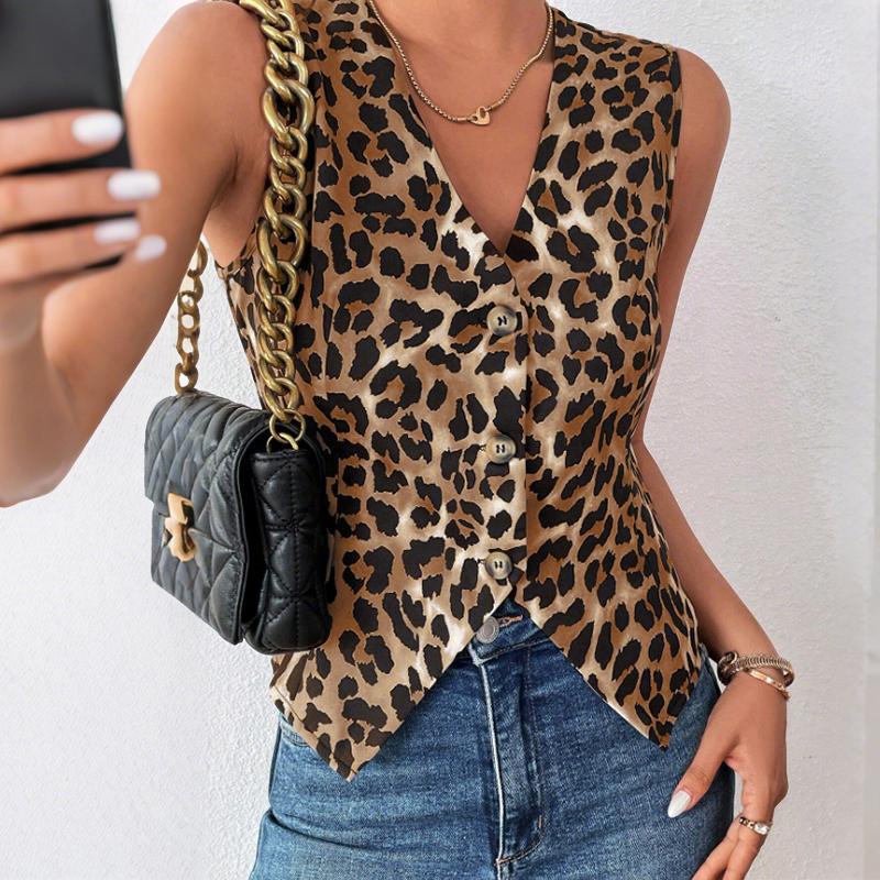 

ZANZEA Женские повседневные топы-безрукавки на пуговицах с V-образным вырезом и леопардовым принтом L коричневый