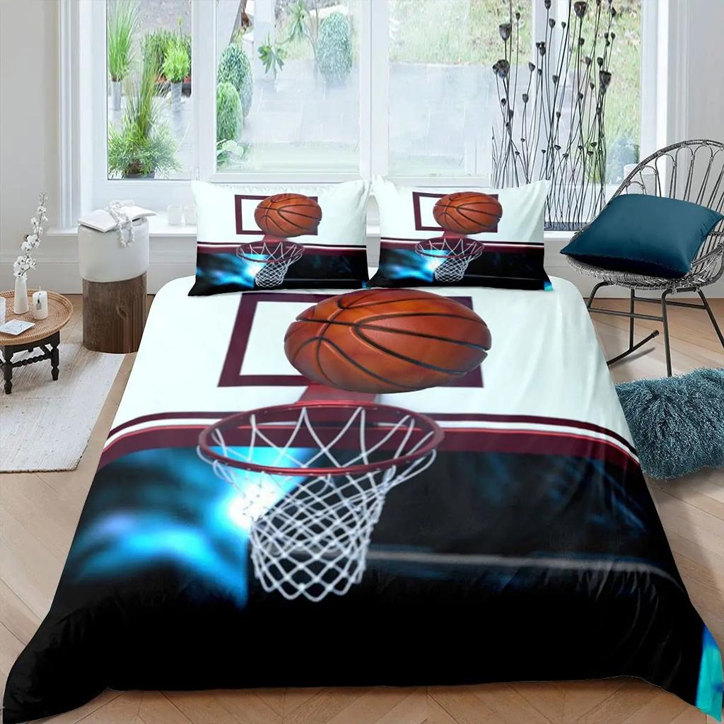 Basketball Duvet Cover Set Black 3D Ball Sports Theme Bedding Set Microfiber Basketball Court Competitive Games King Quilt Cover