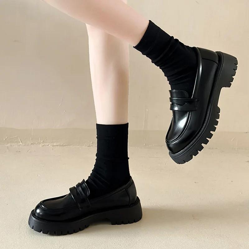 Lucyever Black Pu Leather Platform Loafers for Women Preppy Style Slip On Student Shoes Woman Thick Bottom Single Shoes Size 43