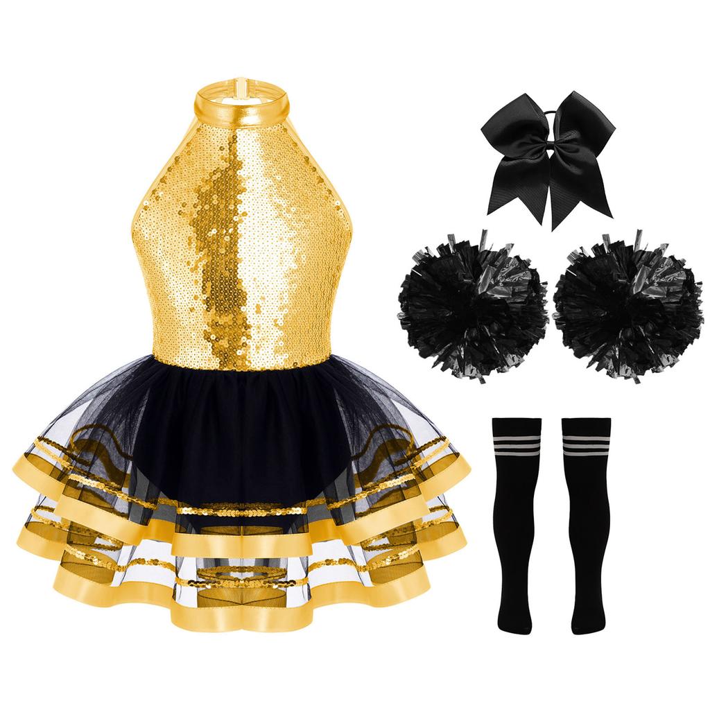 Girls Cheerleading Outfit Sleeveless Halter Sparkling Sequins Backless Tulle Tutu Dress Flower Balls Headwear Socks Set