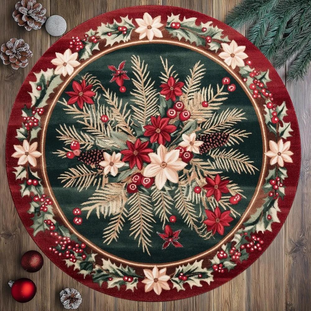 Christmas Poinsettia Floral Area Rugs Non-Slip Washable Round Carpet for Bedroom Living Room Round Rug Holiday Decor Floor Mat