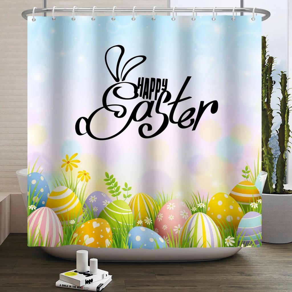 Spring Easter Shower Curtain Happy Rabbit Bunny Eggs Flower Garden Floral Holiday Waterproof Bathroom Shower Curtain With Hooks