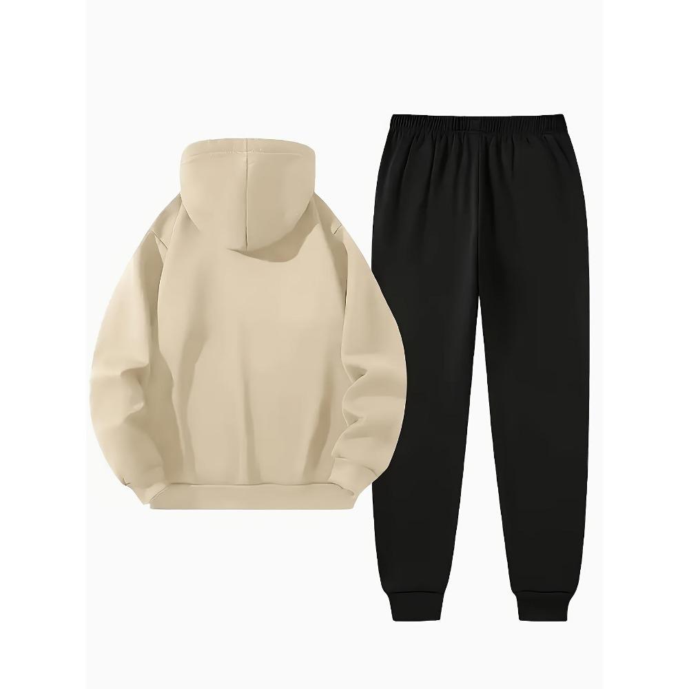 Autumn and Winter Men's Thick Wool Hooded Sweatshirt and Sports Pants Set, Made of Polyester Fabric, Featuring Bee Letter Pattern Printing Set