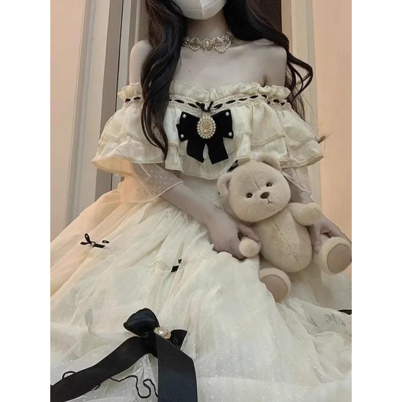 Vintage Elegant Lolita Dress Women Sweet Bow High Waist Fairy Party Dresses Summer Cosplay Costumes French Princess Dresses