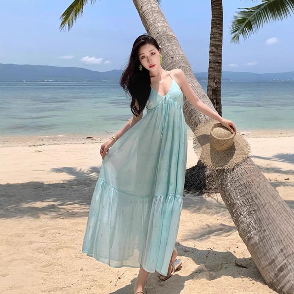 New summer holiday style suspender skirt backless beach skirt women's summer seaside photo dress super fairy