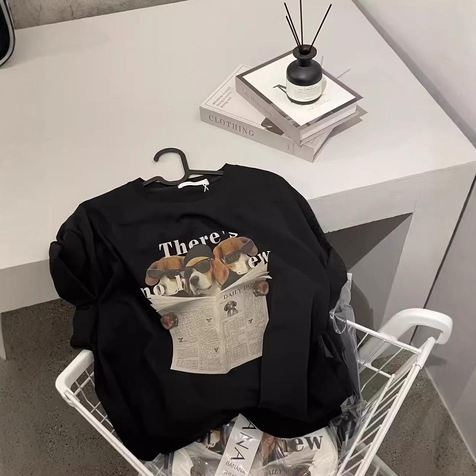 Pure Cotton Top Summer New Versatile Loose Cartoon Dog Round Neck Short-sleeved T-shirt for Women