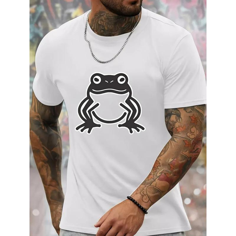 European Sizes 1pc Men'S Summer Casual Short Sleeve T-Shirt with Frog Print, Round Neck, Polyester Knit Fabric, Regular Fit, Adult - Black/Grey/Blue