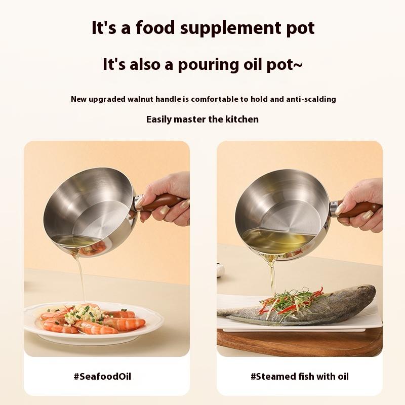 14Cm Single-Person Pot Stainless Steel Bowl Walnut Wood Handle Fruit Salad Yogurt Bowl Restaurant Breakfast Cooking Tool