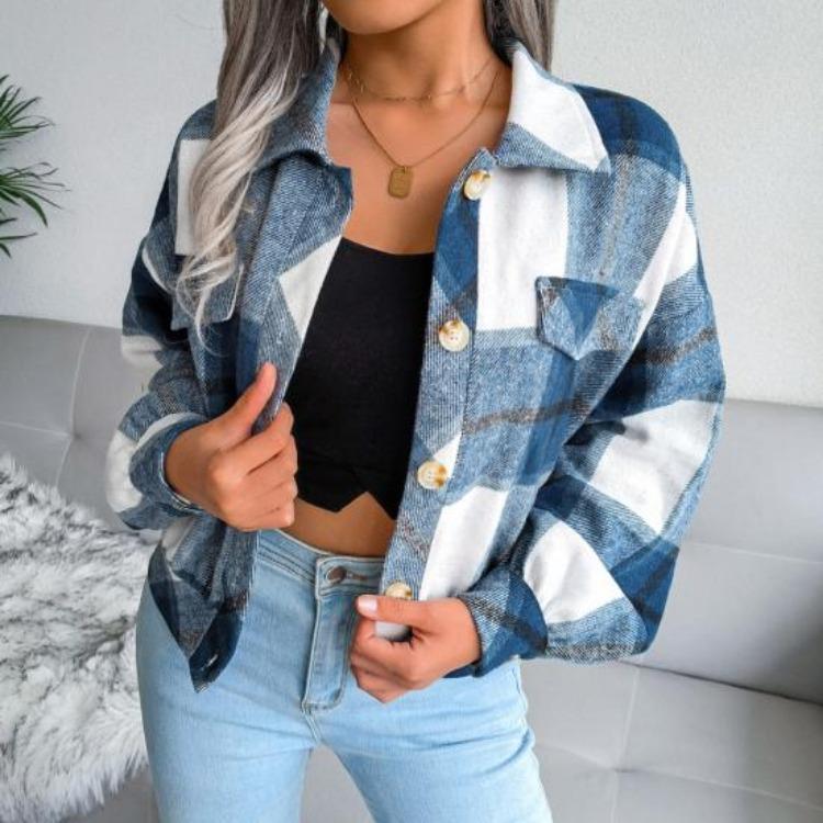 Women Loose Jacket Contrast Color Plaid Print Turn Down Collar Single Breasted Fake Pocket Long Sleeves Fall Spring Commuting