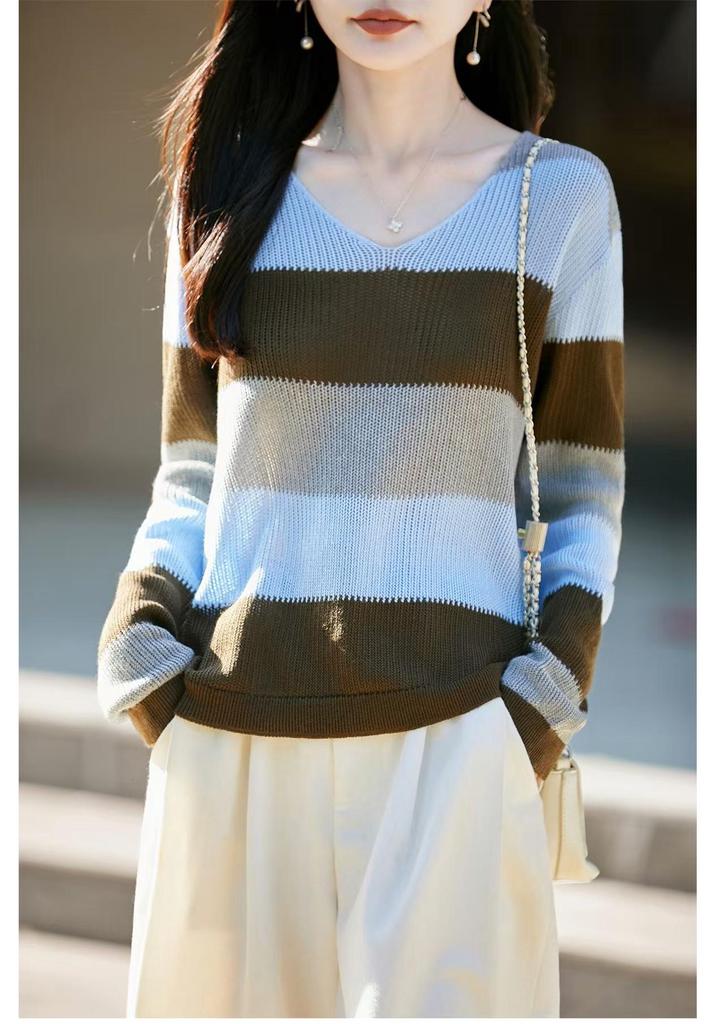 Korean V-Neck Color Block Wool Knit Sweater - Women's Loose Fit, Long Sleeve, Autumn Casual