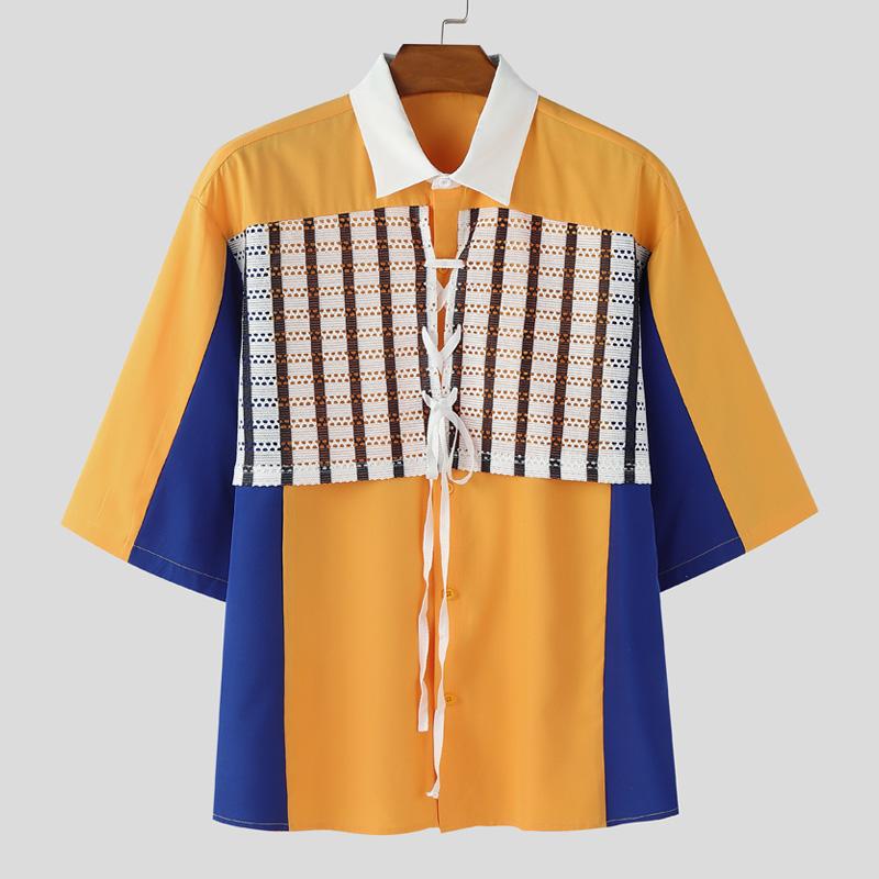 INCERUN Men Lapel Neck Short Sleeve Stitching Lace Splicing Casual Oversized Shirts