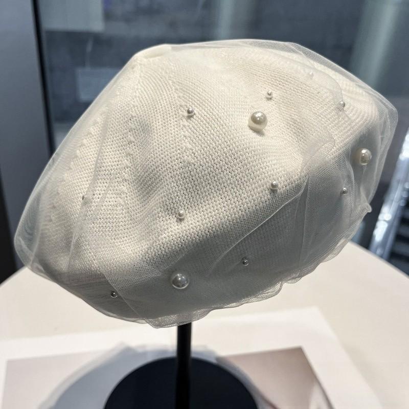 Lady Ballet Beret Hat With Pearl Mesh Embellishment For Casual Summer And Spring Wear