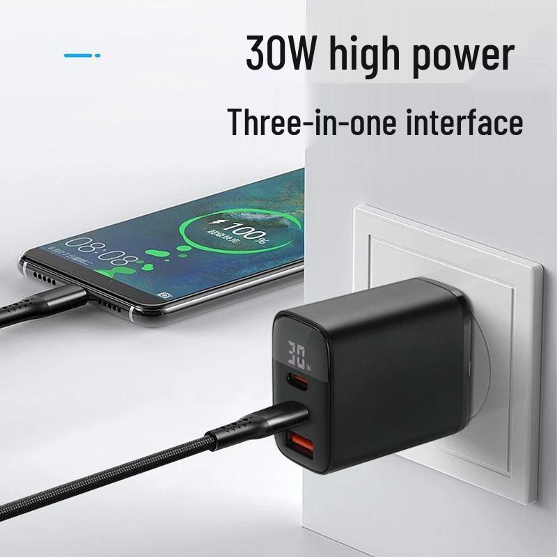 30W Triple-Port Fast Charger with Digital Display for Apple 15 Pro - Dual USB-C and USB Ports