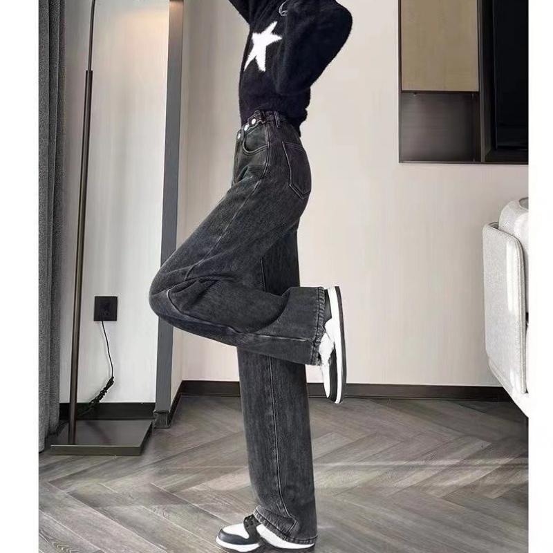 Women's High Waist Wide Leg Jeans Winter Thickened Fleece Lined  Loose Straight Long Pants Warm Casual Denim Pants