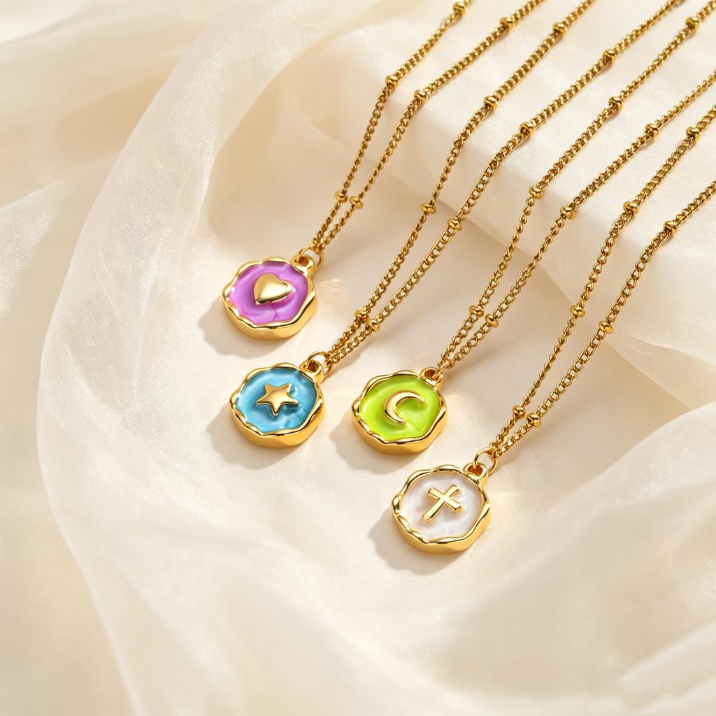 Geometric Irregular Colorful Enamel Pendant Necklace for Women Stainless Steel Heart Moon Star Charm Necklace Dainty Jewelry