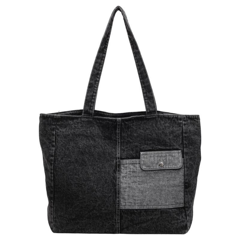 

Vintage Patchwork Denim Tote Bag Women Large Capacity Casual Shoulder Bag Washed Jeans Shopper Bag For School Travel Daily чёрный