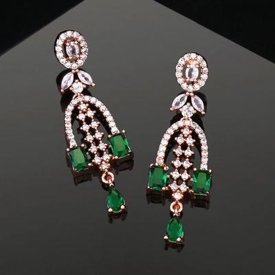 Women's Designer Earrings Rose Gold Plated CZ Shooting Star Green Stones