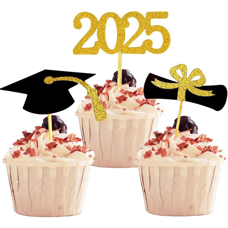 2025 Graduation Cupcake Toppers, 24Pcs Food/Appetizer Picks For Graduation Party Mini Cake Decorations, Diploma, 2025, Grad Cap